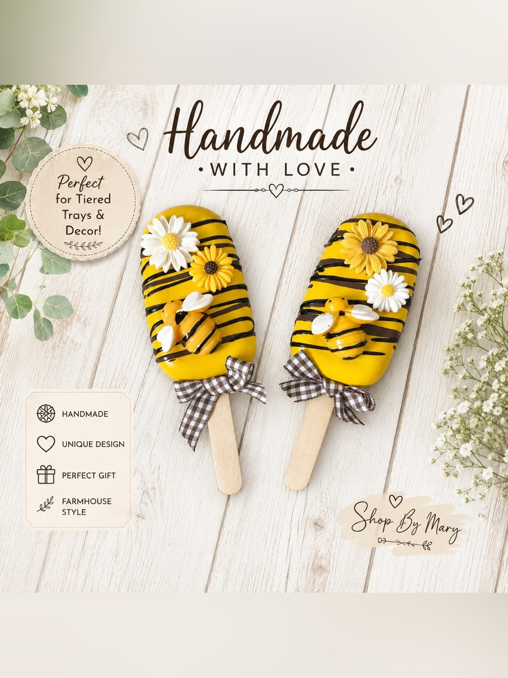 Honeywell Bee Faux Popsicle Set of 2, Handmade Fake Food Decor, Bee Tiered Tray
